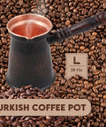 Antique Copper Turkish Greek Arabic Coffee Pot With Wooden Handle Cezve Ibrik Briki Stovetop Coffee Maker Large For Rich Flavor And Even Heating Old School Turkish Coffee Pot For Home Barista on coffee beans background.