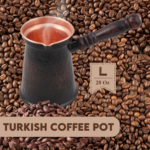 Antique Copper Turkish Greek Arabic Coffee Pot With Wooden Handle Cezve Ibrik Briki Stovetop Coffee Maker Large For Rich Flavor And Even Heating Old School Turkish Coffee Pot For Home Barista on coffee beans background.