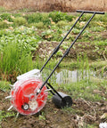 Garden Roller Seeder Manual Planter With Equidistant Spacing And 9 Nozzles Walk Behind Row Crop Planter in a garden setting
