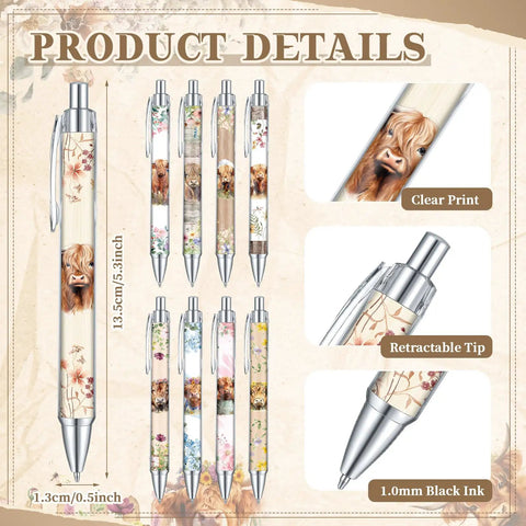Highland Cow Desk Accessories Set With 9 Cute Sticky Notes And 9 Totally Cute Kawaii Pens 3x3 Inch Notepads For Office School Meetings And Teacher Gifts Great Desk Decor And Gift Idea featuring close-up of retractable pens with cow designs.
