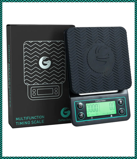 0.1g Precision Coffee Scale With Timer, 3Kg Digital Kitchen Scale With Large LCD next to packaging, for precise weighing.