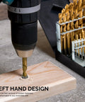 Left Hand Drill Bit Set With Titanium Nitride Coating For High Speed Steel Reverse Twist Bits In SAE Sizes 15 Piece Kit Featuring A 135 Degree Split Point For Precise Self Centering And Faster Cutting in use on wood