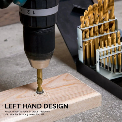 Left Hand Drill Bit Set With Titanium Nitride Coating For High Speed Steel Reverse Twist Bits In SAE Sizes 15 Piece Kit Featuring A 135 Degree Split Point For Precise Self Centering And Faster Cutting in use on wood