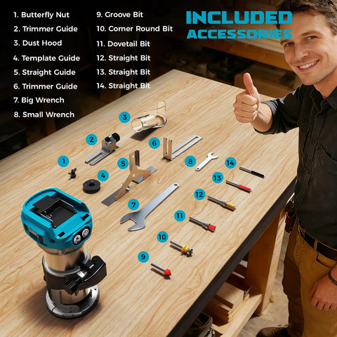 Cordless Router For 18V Battery 800W Brushless Wood Router With 6 Speed Control Depth Adjustment Edge And Roller Guide Includes Router Bits Tool Only No Battery on table with accessories