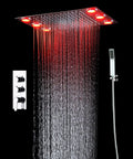 Built Tough Square LED Shower System With Thermostatic Valve And Dual Mode Spray, 14 X 20 Inch Rainfall Panel with remote controls and brass finish.