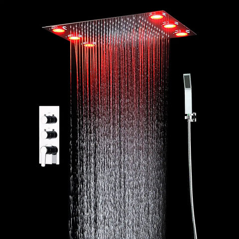Built Tough Square LED Shower System With Thermostatic Valve And Dual Mode Spray, 14 X 20 Inch Rainfall Panel with remote controls and brass finish.