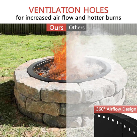 Smokeless Fire Pit Ring Insert Heavy Duty Steel Rim For DIY Fire Pits 40 Inch Outer 36 Inch Inner 8 Piece Installation Kit on stone fire pit with ventilation holes.