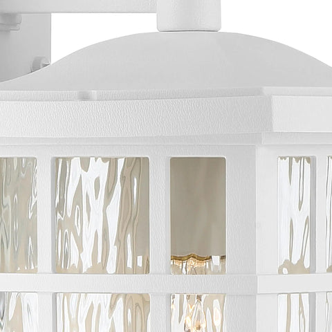 Close-up of Stonington Outdoor Wall Lantern 13 Inch 1 Light Matte White Vintage Sconce with clear water glass panels