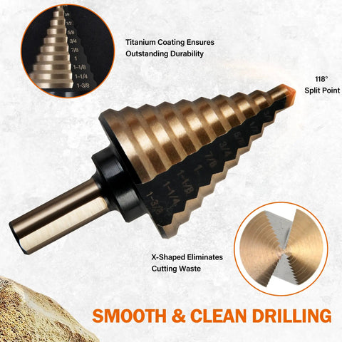 Six Piece Step Drill Bit Set With Automatic Center Punch Titanium HSS Coated Unibits Fifty Sizes For Metal And Aluminum on display