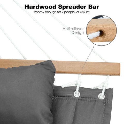 Close-up of a haze gray two person outdoor hammock with hardwood spreader bar, removable pillow, and anti-rollover design.