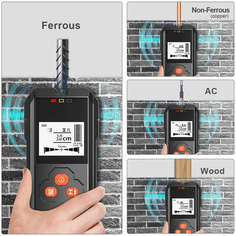 Straight Up Digital Stud Finder With Bright LCD Display for detecting Ferrous, Non-Ferrous, AC, and Wood materials.