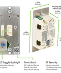 Z-Wave Plus Smart Dimmer With QuickFit And SimpleWire, Plug And Play, 3-Way Ready, Works With Alexa And Google Assistant, ZWave Hub And Neutral Wire Required, Almond Finish, Smart Switch For Home Automation, back view showing size and features like LED toggle backlight, SmartStart, and S2 Security adjacent to label details.
