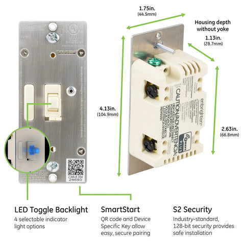 Z-Wave Plus Smart Dimmer With QuickFit And SimpleWire, Plug And Play, 3-Way Ready, Works With Alexa And Google Assistant, ZWave Hub And Neutral Wire Required, Almond Finish, Smart Switch For Home Automation, back view showing size and features like LED toggle backlight, SmartStart, and S2 Security adjacent to label details.