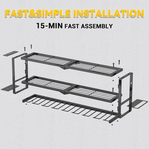 Exploded view of Heavy Duty Tool Organizer Wall Mount Rack With 3-Tier Extra Tall Metal Shelf, 8 Drill Holders And Battery Storage