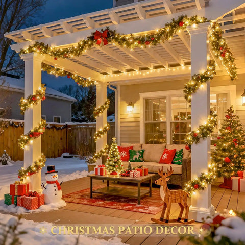 Outdoor patio decorated with 2 Pack Outdoor Solar String Lights With 33 Feet Copper Wire, 100 LED Warm White Fairy Lights for Xmas
