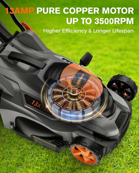Corded Lawn Mower With 16 Inch Cut And 13 Amp Motor Five Height Settings Easy Vertical Fold Storage Two In One Mulching And Bagging