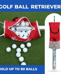 Portable Golf Ball Retriever Shag Bag Kit with Detachable Aluminum Tube and Handle Holds 80 Balls Black and Red on Grass