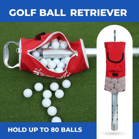 Portable Golf Ball Retriever Shag Bag Kit with Detachable Aluminum Tube and Handle Holds 80 Balls Black and Red on Grass