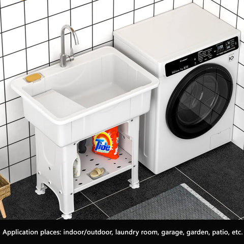 Freestanding Plastic Laundry Sink With Detachable Washboard And Hot And Cold Faucet Hoses And Drain Kit Indoor Outdoor Utility Sink