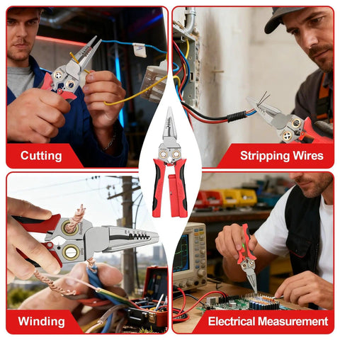Electricians using 8-In-1 Wire Stripping Pliers With Voltage Tester 12-250V for cutting, stripping, winding, and electrical measurement.