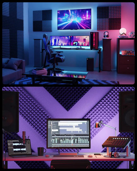 Heavy Duty Acoustic Pyramid Soundproof Foam Panels For Wall Noise Reduction Self Adhesive Dampening Tiles For Home Studio setup with monitors.