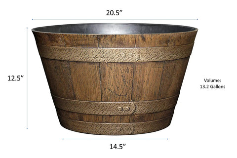 Whiskey Barrel Planter With Distressed Oak Finish And Antique Pewter Bands Yard Ready Durable UV Coated Resin Outdoor Drainage Holes
