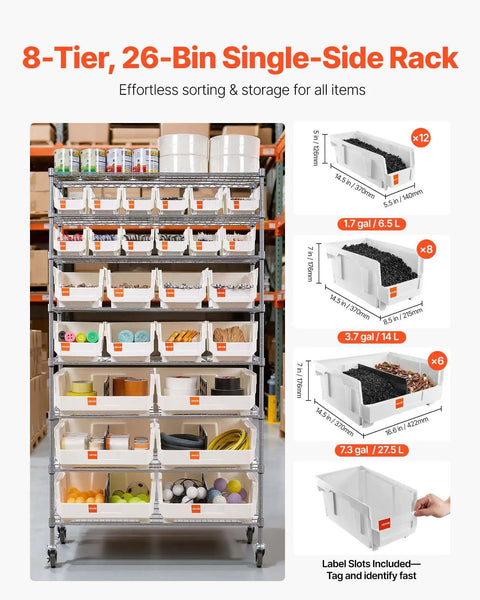 Eight Tier Rolling Storage Rack Featuring Twenty Six Modular Parts Bins Heavy Duty Steel Wire Shelving Cart With Smooth Locking Wheels For Pro Shop Space Zero Fuss Setup And Quick Label Slots