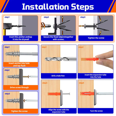 Grab And Go 1332 Piece Drywall Anchors And Screws Kit With 21 Sizes M8 M12 M13 Plastic Expansion Anchors Self Tapping Wood Screws Size 6 To 8 Toggle Wing Bolts J Hooks Eye Hooks Washers Rust Resistant DIY Fasteners installation steps