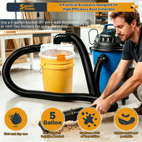 SplashPower Low Profile Cyclone Dust Separator For Shop Vac with yellow 5-gallon bucket, black hose, and user vacuuming sawdust.