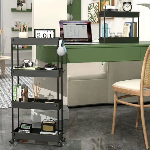 Slim Rolling Storage Cart Four Tier Organizer For Kitchen And Bathroom, Space Saving Mobile Shelving Unit, black, next to desk