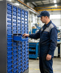 Worker accessing Heavy Duty Parts Cabinet For Workshop Garage And Office Storage With Labeled Drawers To Organize Screws Bolts Nuts And Tiny Components For Quick DIY Repairs And Daily Projects.