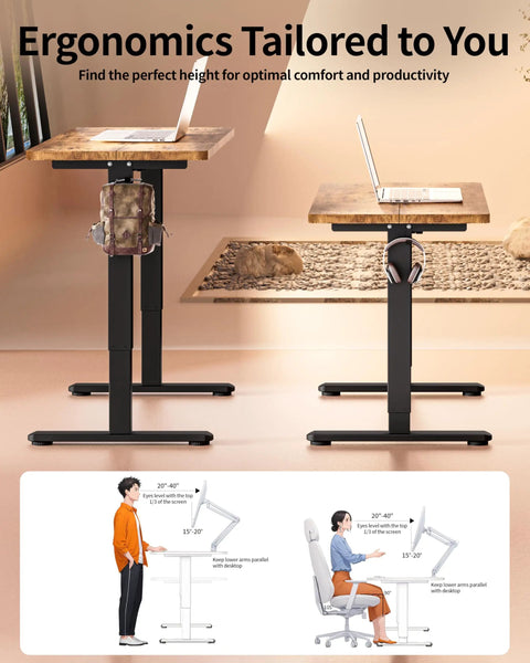 Two Electric Standing Desk With Memory Presets 48 By 24 Inches in office setting, black frame, rustic brown top, ergonomic design