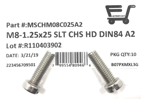 Built Tough A2 70 Stainless Steel M8 X 25mm Slotted Cheese Head Machine Screws with DIN 84 specs and label details.