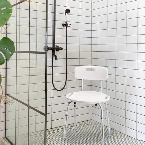 Heavy Duty Shower Chair With Back For Elderly And Disabled 350 Pounds Capacity Easy Assembly Bath Seat in tiled shower