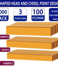 Built Tough 18 Gauge Narrow Crown Galvanized Staples Deliver Zero Bend Performance For Cabinet Making And Crafts 3000 Piece Assortment Kit With Rust Proof Shield, various sizes, T-shaped head design.