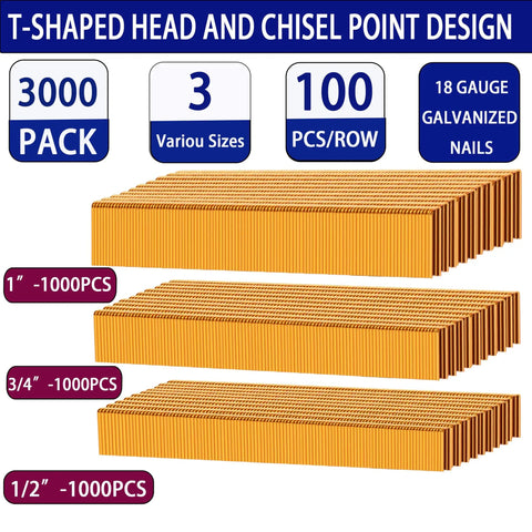 Built Tough 18 Gauge Narrow Crown Galvanized Staples Deliver Zero Bend Performance For Cabinet Making And Crafts 3000 Piece Assortment Kit With Rust Proof Shield, various sizes, T-shaped head design.