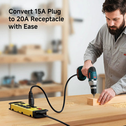 Man using power tool with 3 Pack 20 Amp To 15 Amp Plug Adapter For NEMA 5-20R Receptacles Converts A Standard 125V 15 Amp Outlet Into A 20 Amp Connection Black 3 Prong Grounded Converter For Home Office Garage Workshop Use