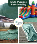 Heavy Duty Waterproof Tarp 20x25 Ft Reversible Green And Brown 12 Mil Thick Poly Sheet covering boat, roof, ground, and event tent.