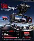 Triple Channel Dash Cam showing 128GB card, dual WiFi, GPS, night vision, 170° front and 150° rear wide angles.