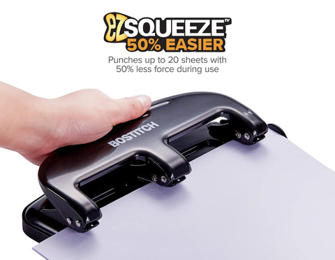 Bostitch 3-hole punch, EZ Squeeze, metal construction; black with silver accents, shown punching a sheet
