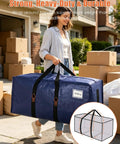 Person carrying blue 8 Pack Heavy Duty Moving Bags With Wrap Around Handles Ultra Large 24 Gal Storage Totes For Space Saving