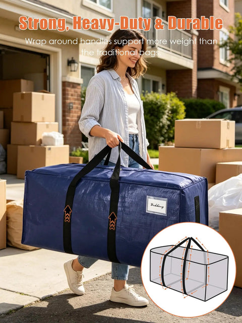 Person carrying blue 8 Pack Heavy Duty Moving Bags With Wrap Around Handles Ultra Large 24 Gal Storage Totes For Space Saving