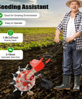 Man using Hand Push Seeder With Equidistant Nozzles For Quantitative Sowing in a field, wearing boots and hat, showcasing easy operation.