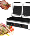 Judyssy Electric Panini Grill And Sandwich Press With Non Stick Plates, stainless steel body, adjustable temp control, perfect for grilling meat.