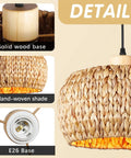 Hand-Woven Rattan Pendant Light with solid wood base detail showcasing E26 fitting and woven shade, 12 inch size.