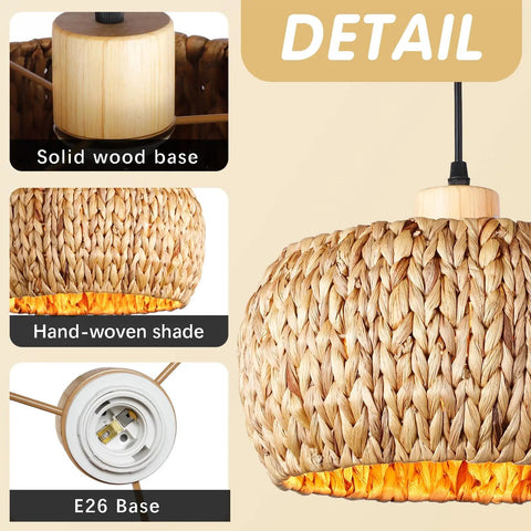 Hand-Woven Rattan Pendant Light with solid wood base detail showcasing E26 fitting and woven shade, 12 inch size.
