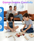 Kids building wooden RC car kit in living room, Awesome Remote Control F1 Car STEM Kit For Kids Aged 8 To 14