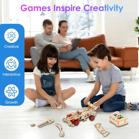 Kids building wooden RC car kit in living room, Awesome Remote Control F1 Car STEM Kit For Kids Aged 8 To 14
