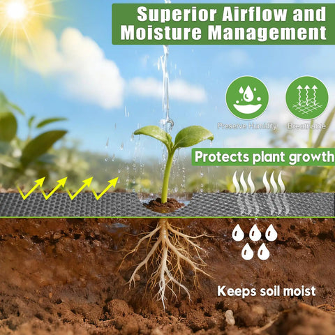 Built Tough 4Oz Nonwoven Geotextile Weed Barrier Fabric 3Ft By 100Ft used in garden, showing airflow and moisture management with plant roots