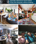 Interior views of a travel trailer showcasing stability and family enjoyment with X Shape Wheel Chocks Stabilizer XL installed.